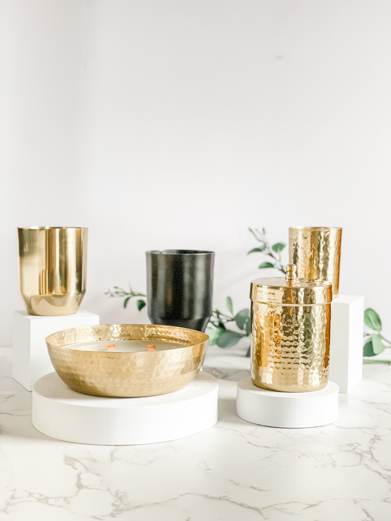 Brass vessels for candles made in India. Handcrafted and hand-poured soy candles 